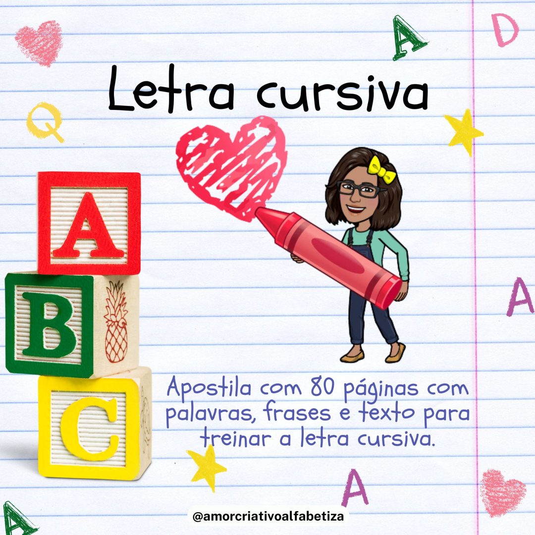 Apostila de letra cursiva com palavras, frases e textos