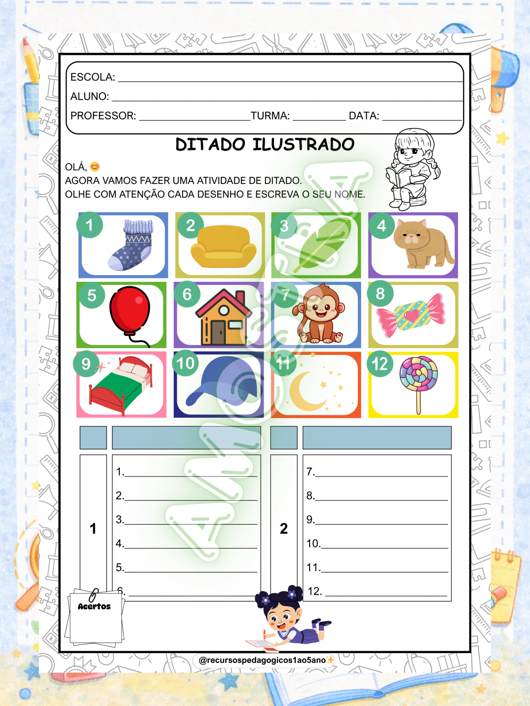 Ditado escolar ilustrado e mudo 1º ao 5º ano
